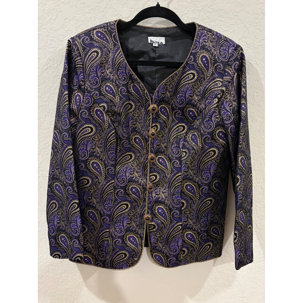 Patra Vintage Purple Gold Metallic Paisley Brocade Evening Blazer Jacket Size 16